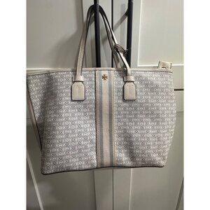 Tory Burch Gemini Link Canvas Tote Bag Beige & Blue Pattern